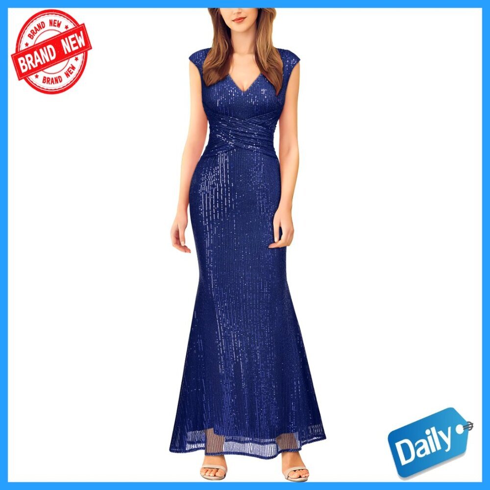V Neck Glitter Sequin Ruched Cocktail Party Long Dress Elegant Evening Wear